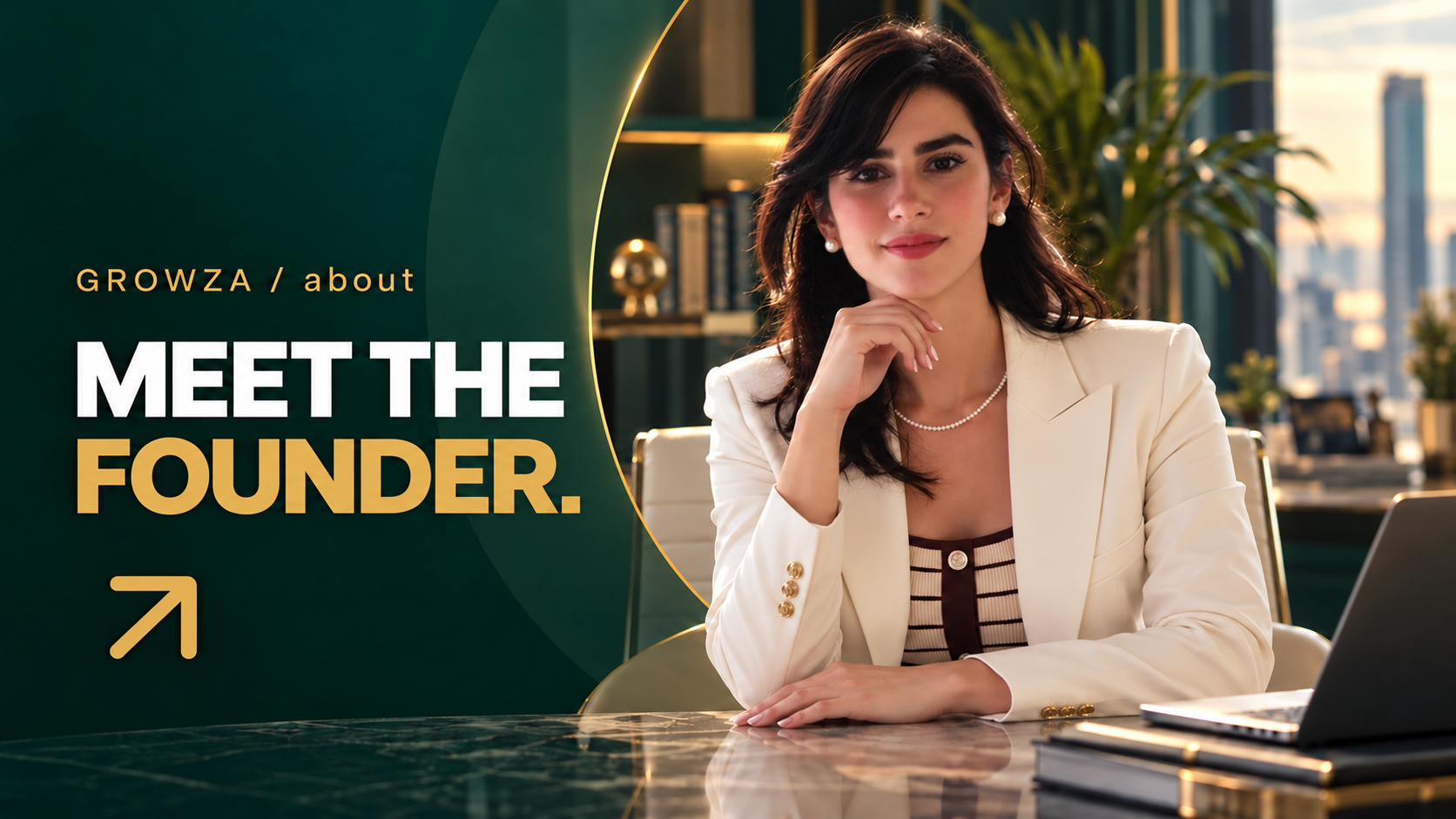 Founder in a white blazer seated at a marble desk